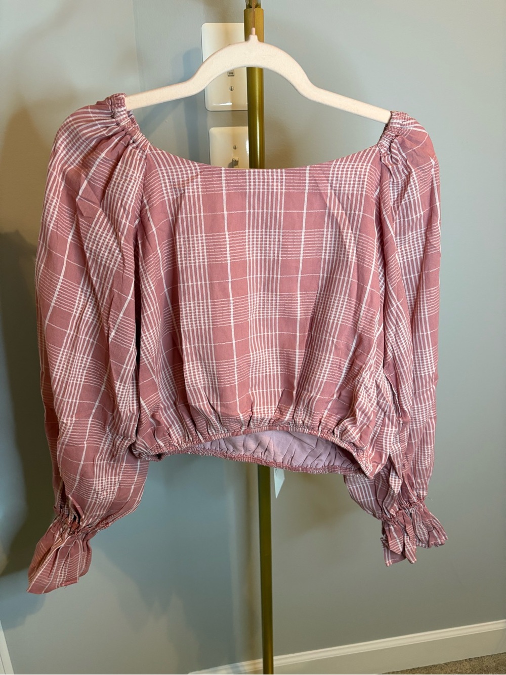 Promesa Rose Pink Plaid Off-Shoulder Smocked Waist Top